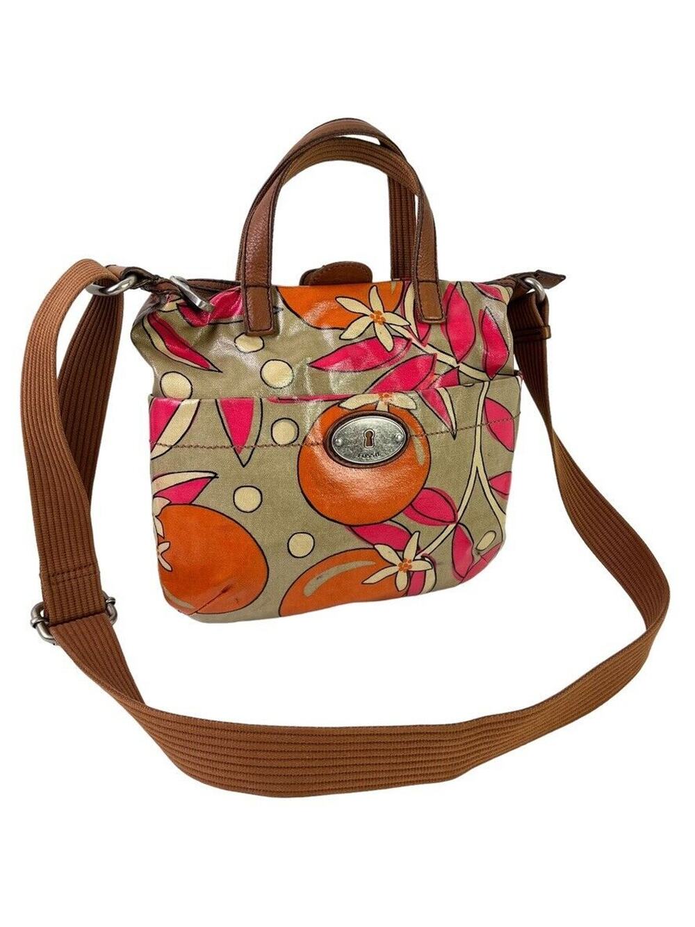 Fossil Key Per Waxed Canvas Orange Pink Leather Trim Crossbody Handbag Satchel